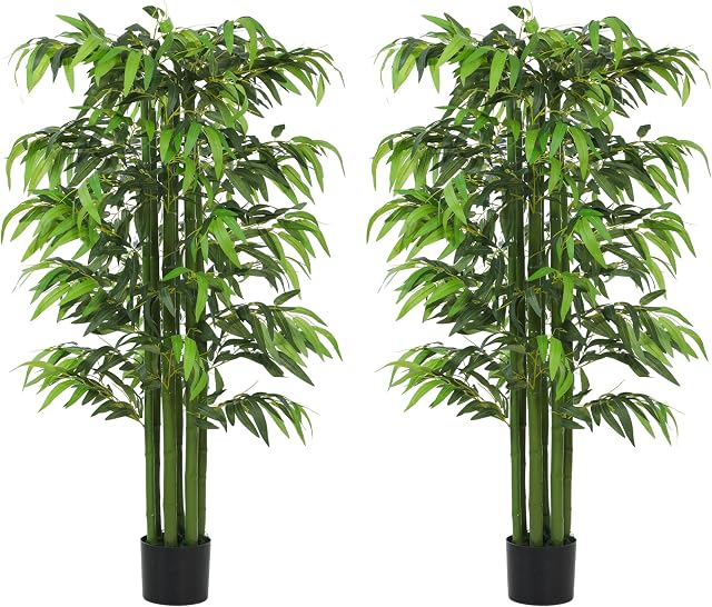 HOMCOM 5.3FT Artificial Bamboo Tree in Pot, Indoor Fake Plants for Home Office Living Room Decor, Set of 2, Green