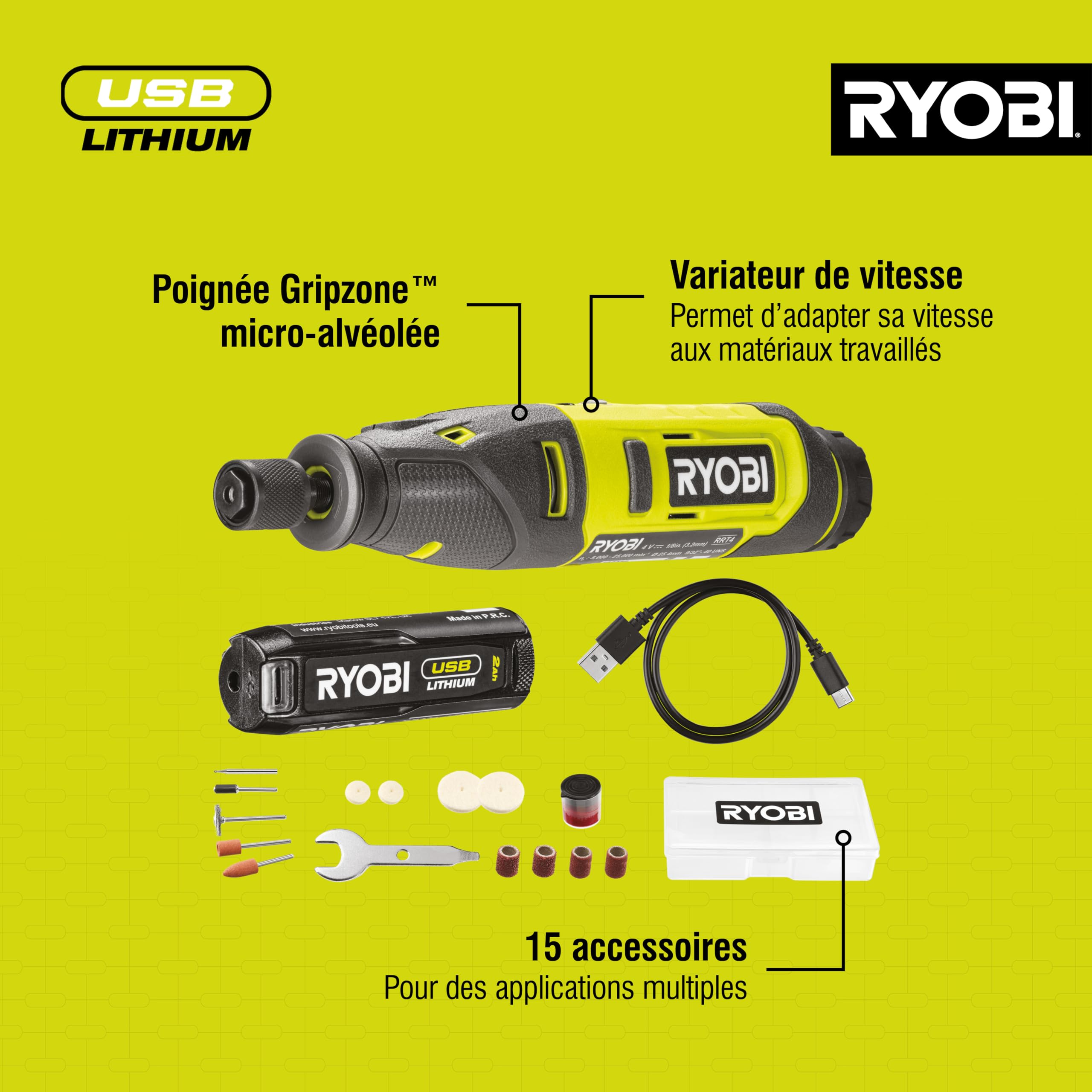 RYOBI - Mini-Outil Rotatif - 4V USB Lithium RRT4-120GA15 – 15 Accessoires Inclus, Vitesse Variable, Compact et Précis – Gravure, Ponçage, Découpe – Coffret avec Rangement