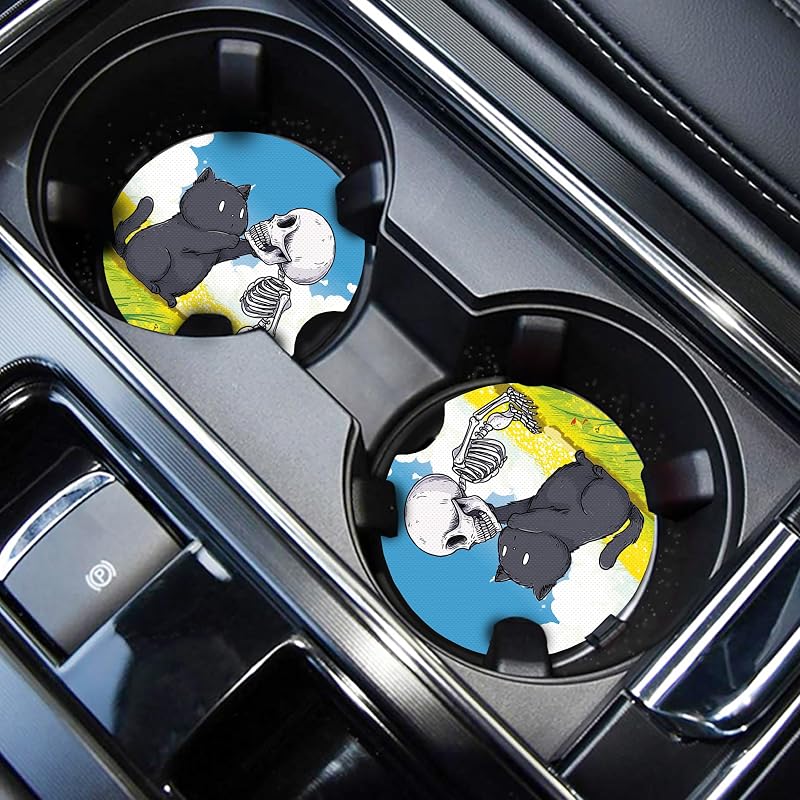 WOCOCN Porta-Copos para Carro em Neoprene com Pegador, Estampa Gato Preto e Caveira, Kit com 2 Peças