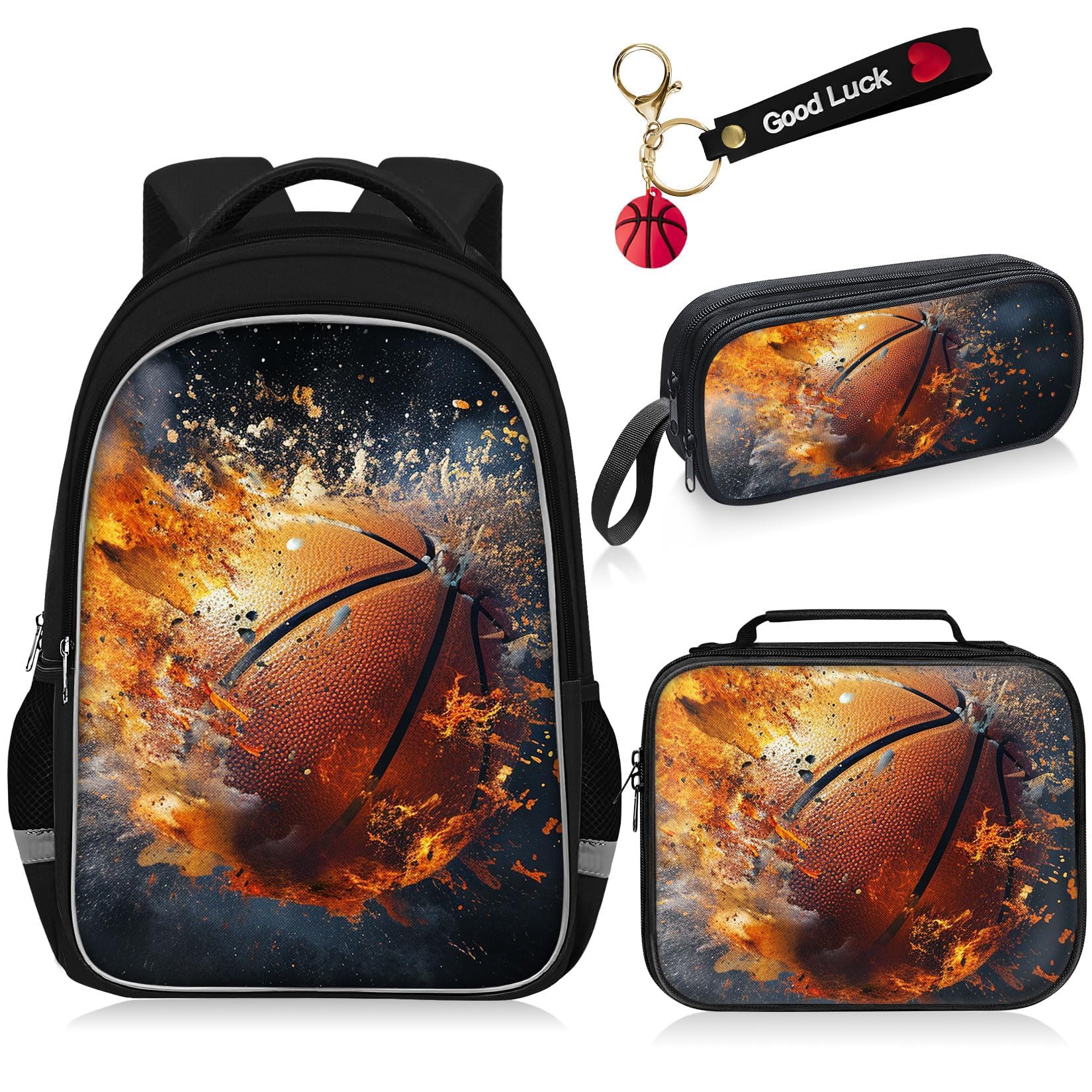 Fitvc School Backpack for Boys - 4pcs Basketball Boys Backpack with Lunch Box Set for Kids Children Teens Elementary Middle School - 17″ Sport Bookbag