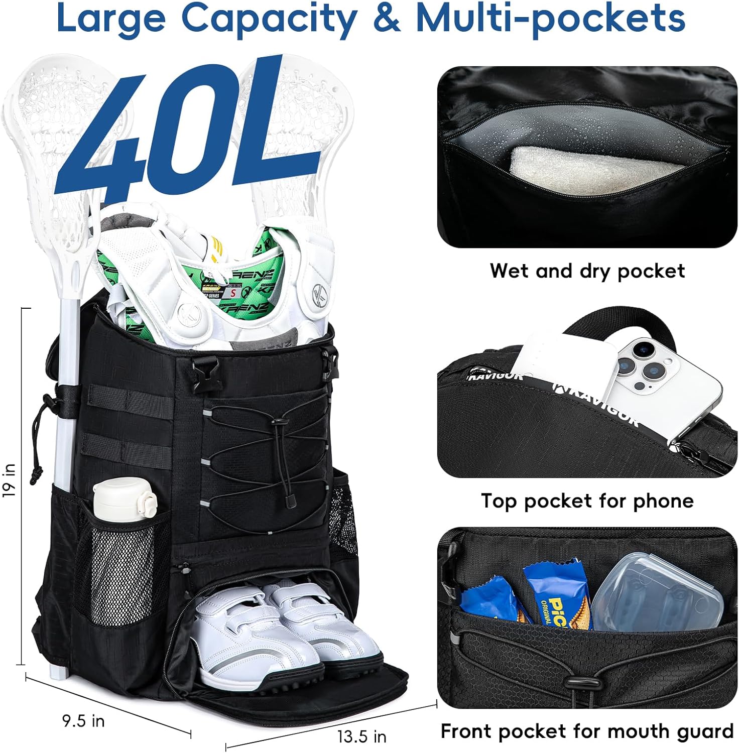 Lacrosse Bag for Kids and Youth, Lacrosse Backpack with Helmet Holder and Shoes Compartment, Waterproof Field Hockey Gears Bag for Boys & Girls - Image 3