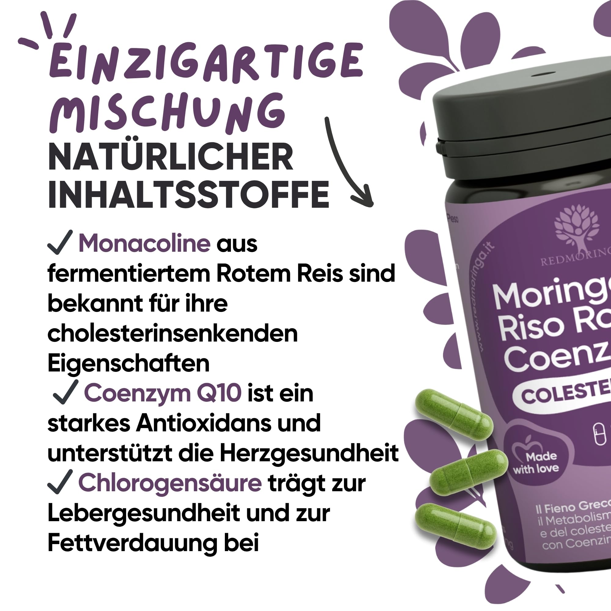 Cholesterin Senken Kapseln Komplex 5in1 - Roter Reis, Coenzym q10, Bockshornklee, Monacolin K & Bio Moringa - Für Gesunden Cholesterin & Triglyceride Spiegel - 60 Kapseln