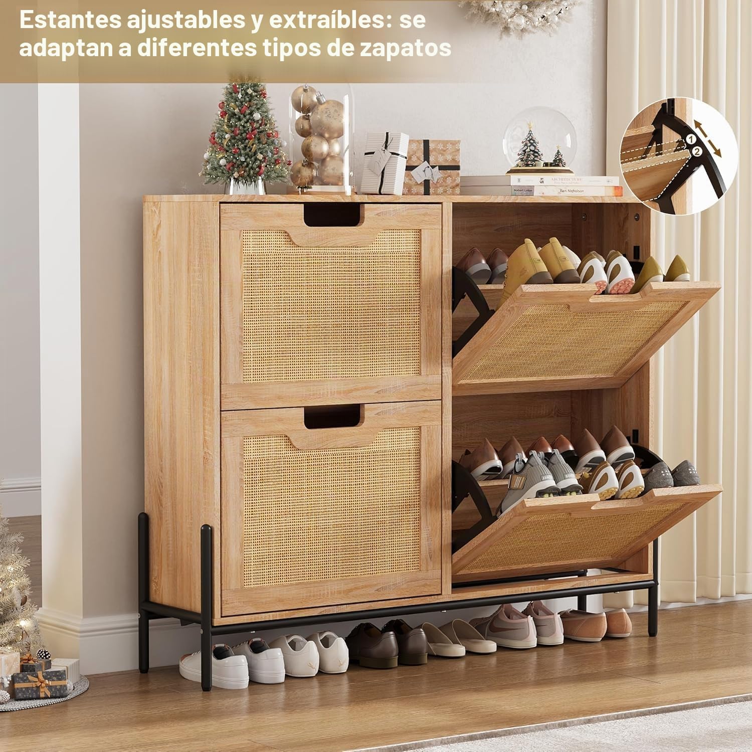 Garvee Zapatero Estrecho con 4 Solapas, de Madera con Puertas de Rattán | Mueble Zapatero Abatible, Estantes Regulables, Apto para Botas, Ideal para Entrada, Salón, Pasillo, 100 x 24 x 88 cm, Roble