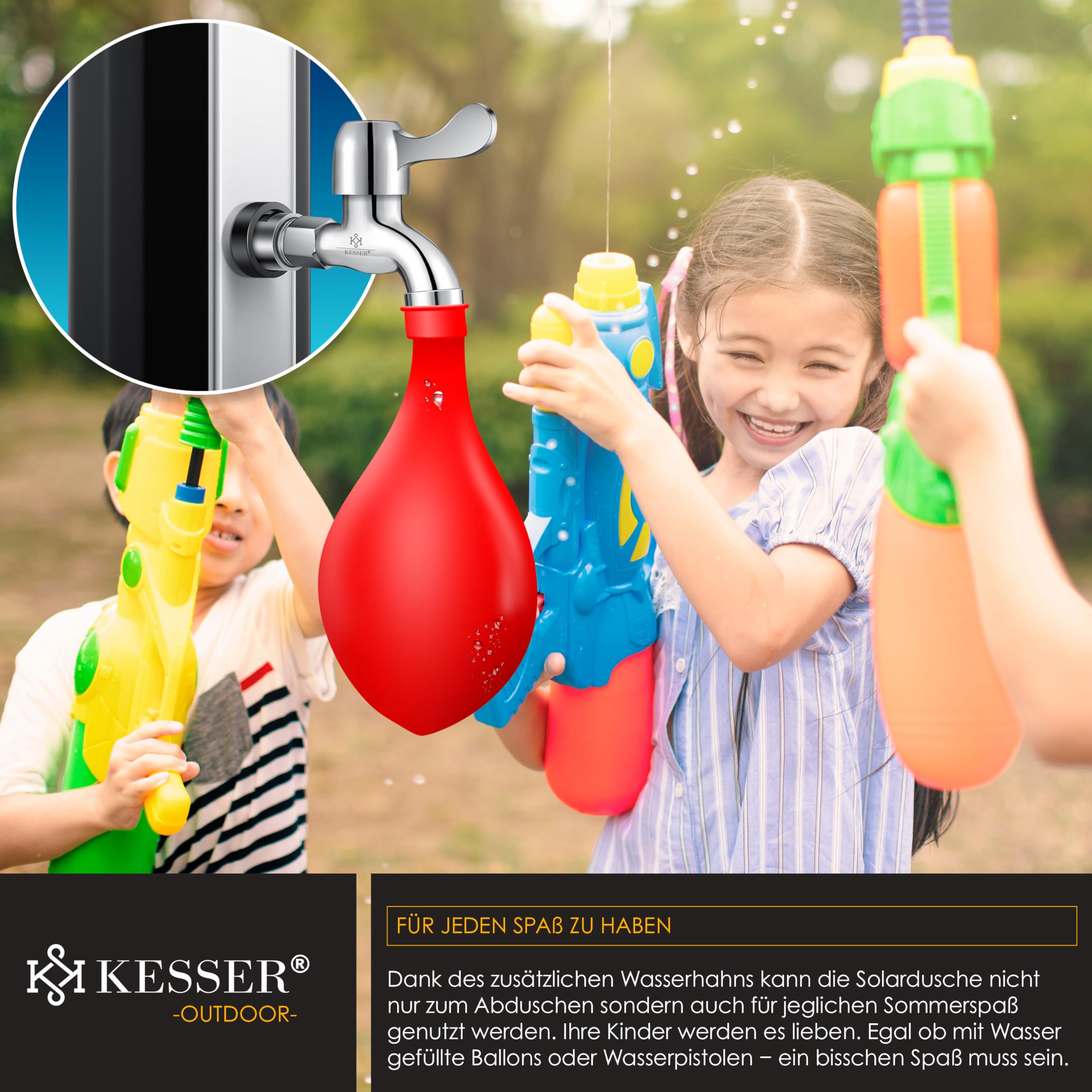 Kesser® Douche solaire de jardin 40 litres avec support de douche en métal et housse de protection | eau chaude | max. 60°C | Douche de piscine et de camping | Tête de douche à effet de pluie et