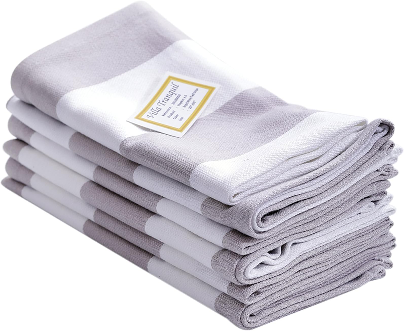 Villa Tranquil Napkins, Set of 6, Twill Stripe, 100% Cotton, Eco-Friendly and Safe, Beige/White Color, for All Homes, Size 20"x20".