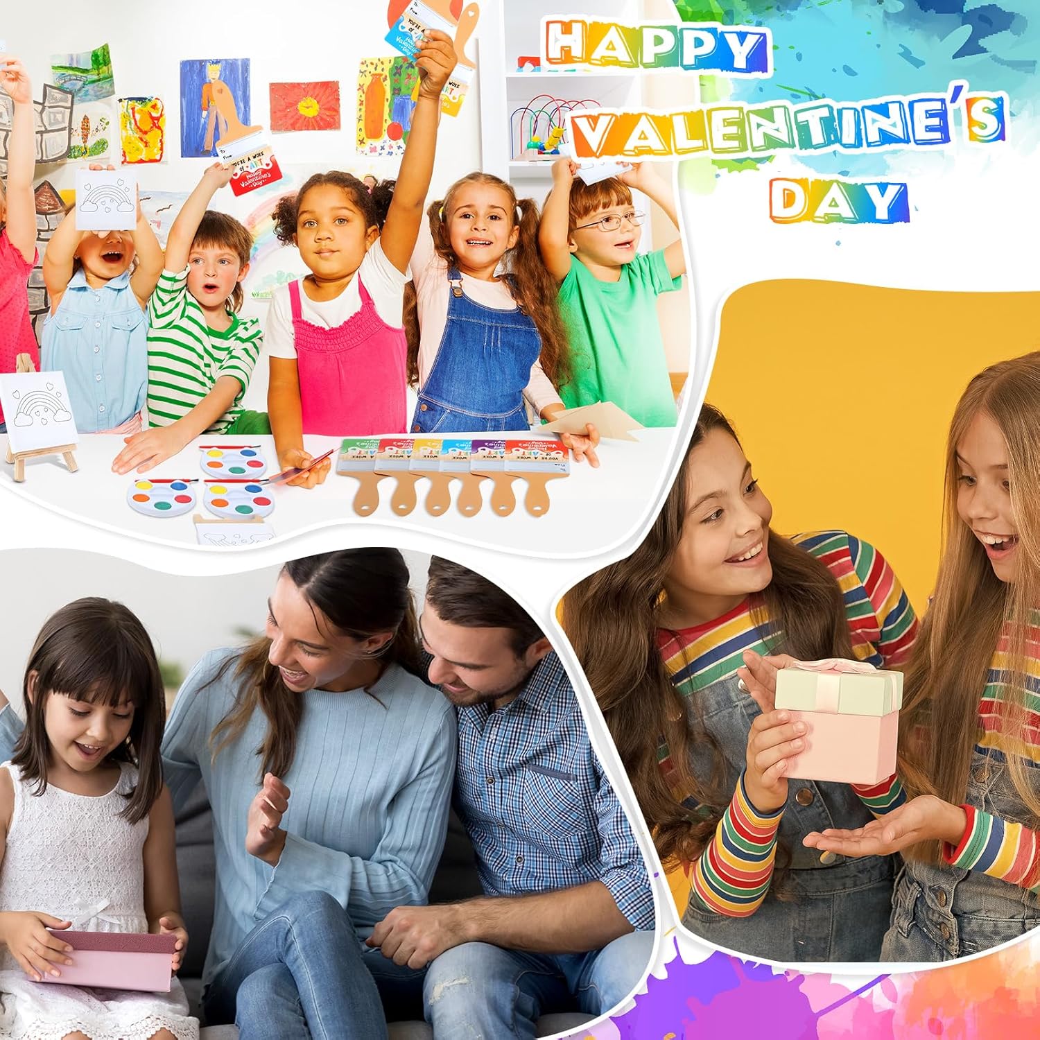 Skyygemm 24 Sets Valentines Day Gifts for Kids Valentines Cards Mini Painting Canvas Panel with Wooden Easel Watercolor Paints Brush Kit for School Classroom Exchange Gifts (Rainbow)