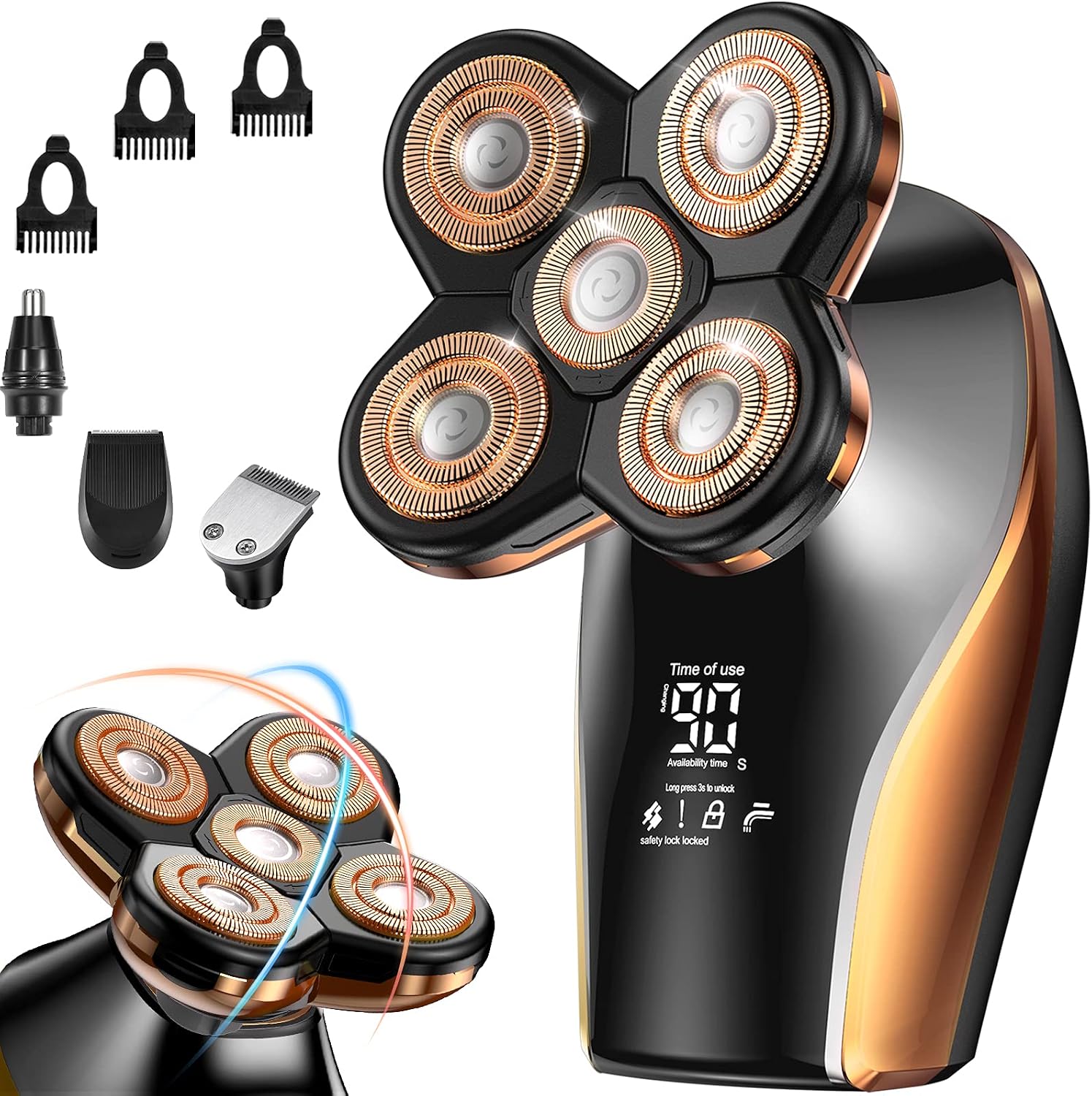Head Shavers for Bald Men, Waterproof Electric Razor, Wet and Dry Electric Shaver Kit, 5D Bald Head Shaver with LED Display Grooming Kits (Red Gold)