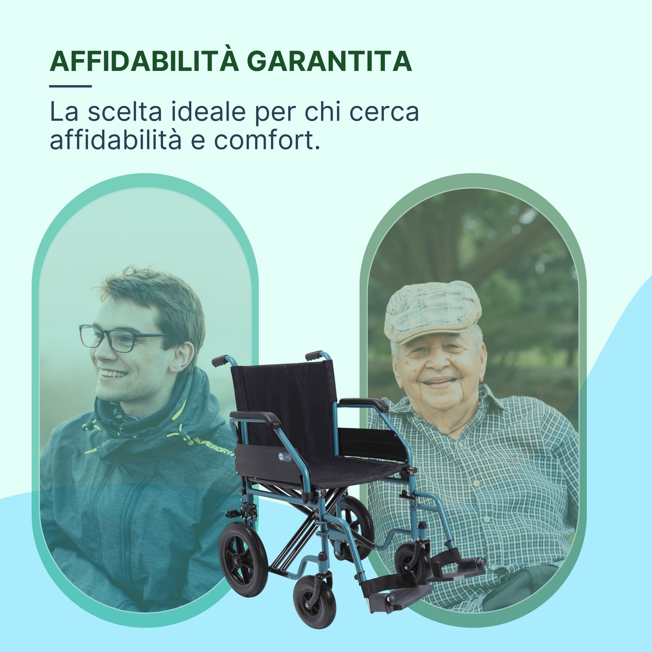 Sedia a Rotelle Pieghevole Leggera da Transito, 43 cm, Azzurra | Carrozzina per Disabili Predisposta per Autospinta, Acciaio, Crociera Doppia, Ruote a Sgancio Rapido