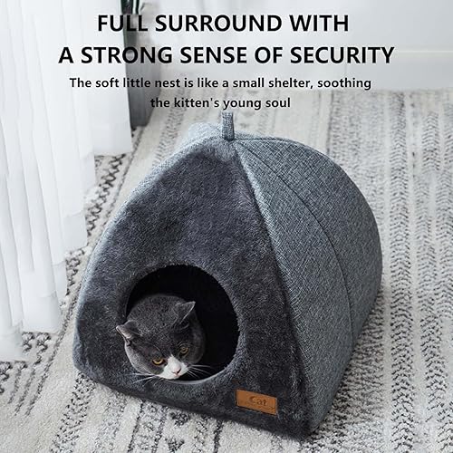 Miniatura 2 de Cueva para gatos, cueva de cama para gatos de interior, con almohadilla de cojín extraíble de doble cara esponjosa, casa escondida para gatitos,