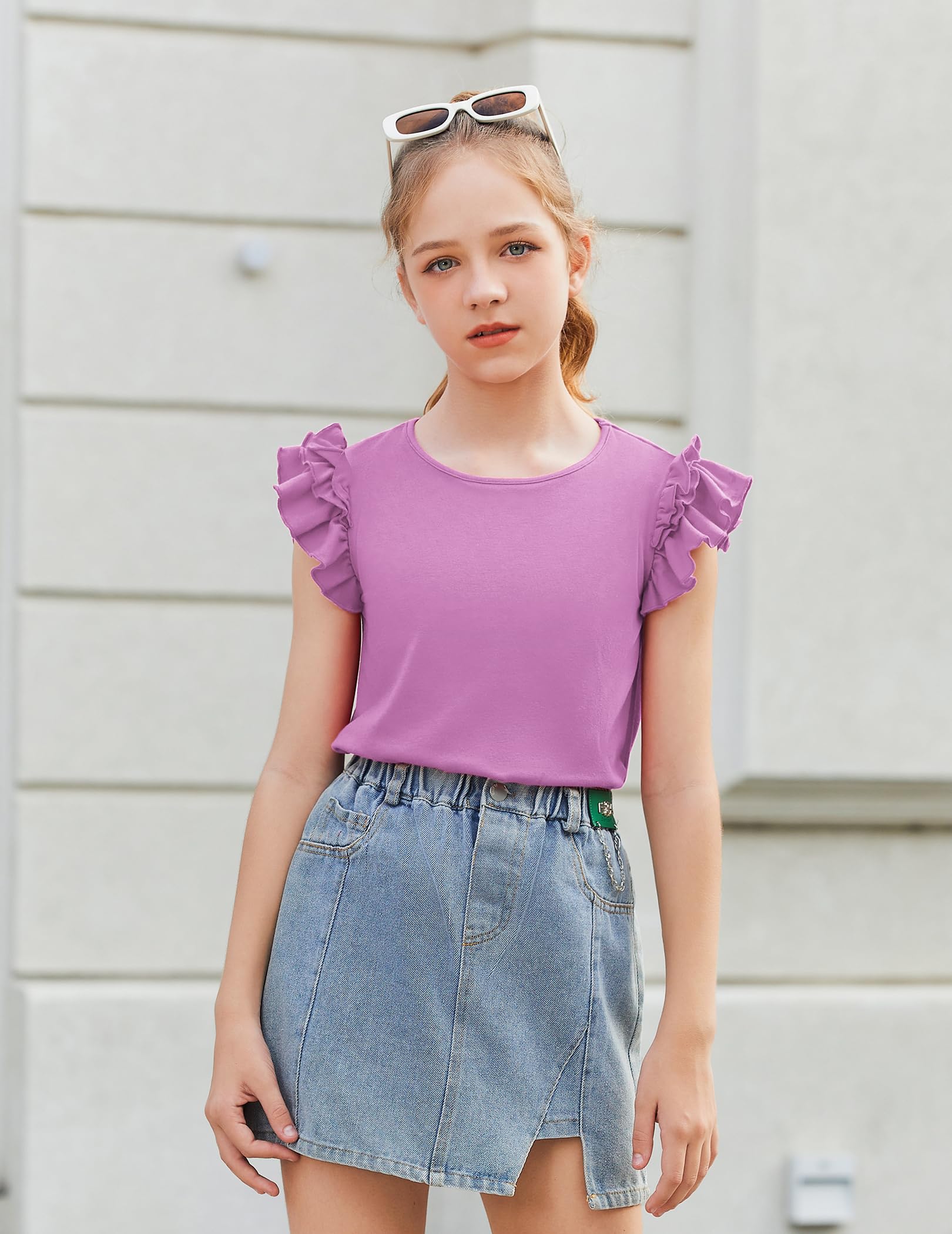 Arshiner Conjuntos Ropa Niñas Verano Monocolor Camiseta Pantalones Cortos Conjunto Niños Algodón Manga Volantes Conjunto Ocio Moda 2-Piezas Ropa con Bolsillo 6-14 Años