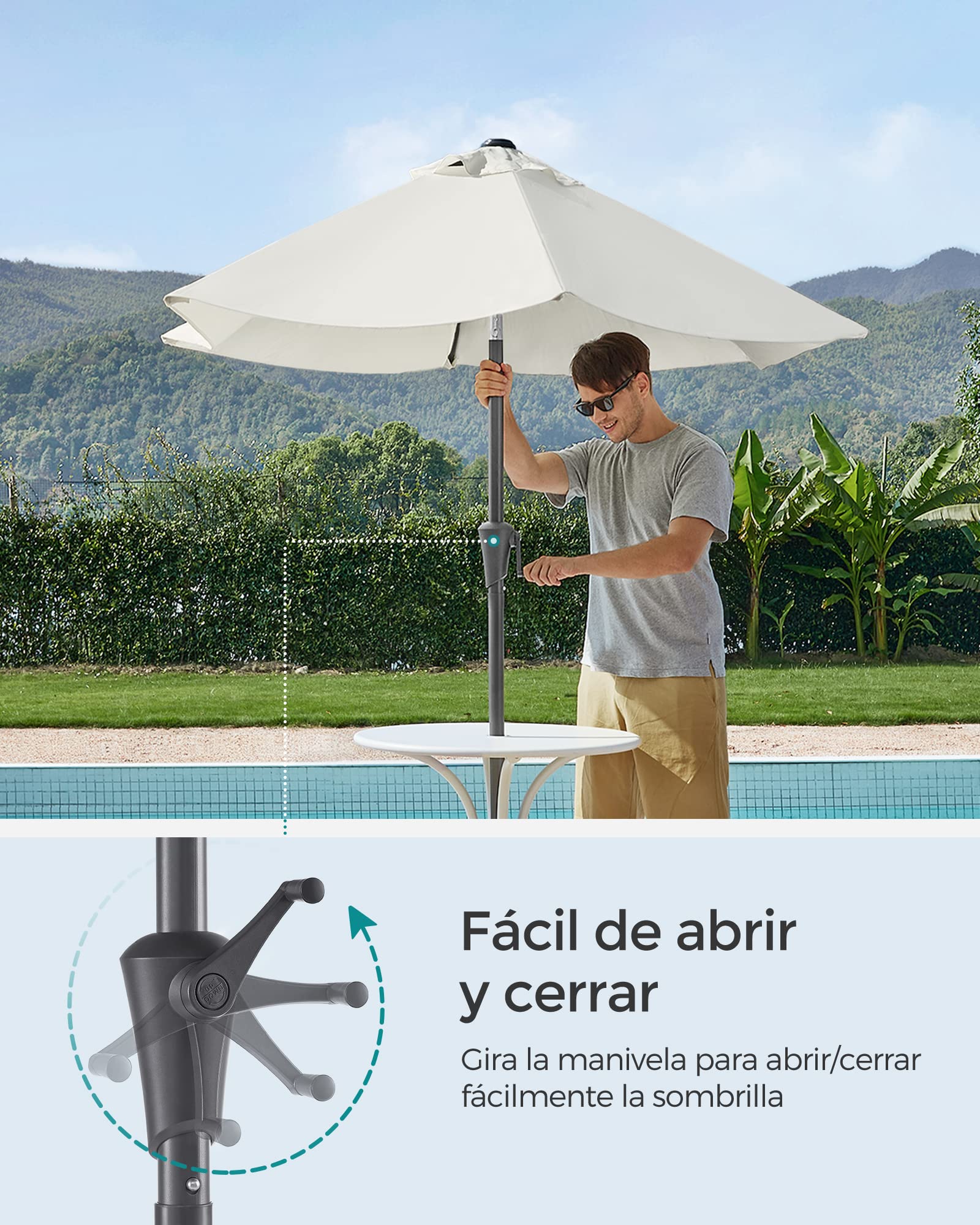 SONGMICS Sombrilla de Jardín 210 cm, UPF 50+, Parasol, 30°de Inclinación en dos Direcciones, con Manivela, para Patio, Terraza, Balcón, Piscina, sin Base, Beige GPU202M01