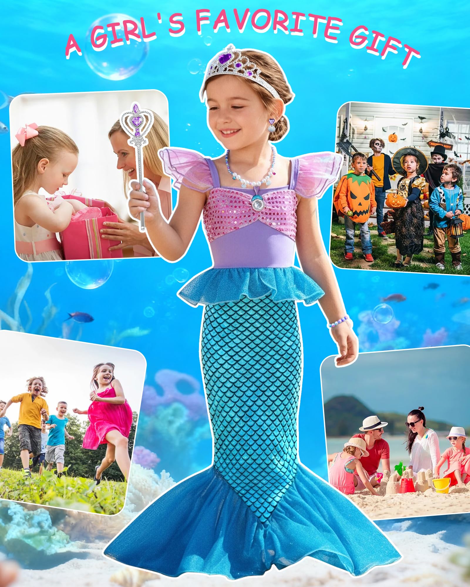 Costume da principessa sirena per bambine e ragazze, vestito glitterato con accessori, età 3-10 anni, per Natale, compleanno, giornata mondiale del libro, cosplay