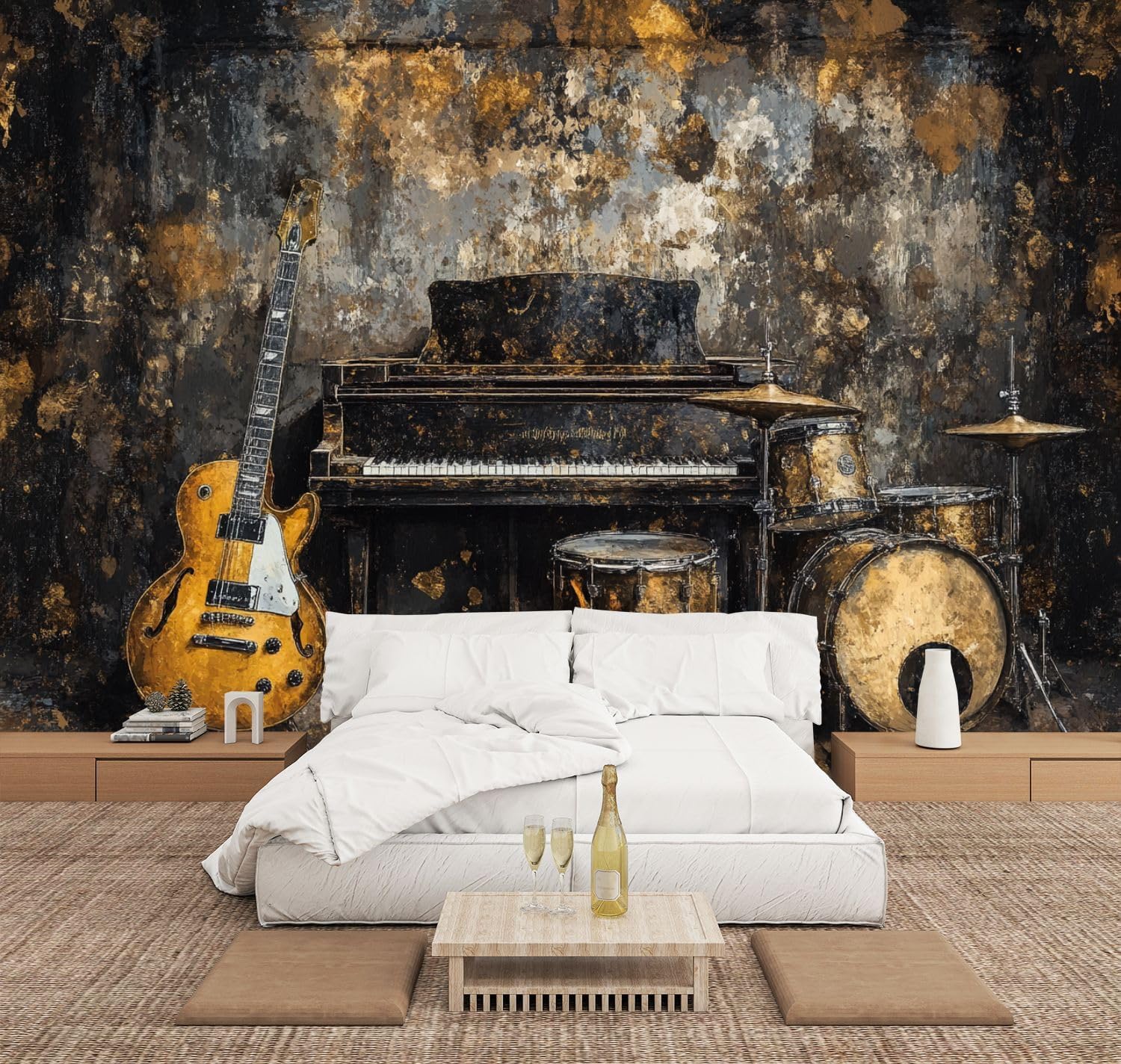 Music Black Gold Guitar Piano Drum Set Studio Electric Upright Drums Wall Mural Peel & Stick Wallpaper Removable Self-Adhesive Large Wall Sticker Wall Decor for Bedroom Living Room Nursery 100"x144"