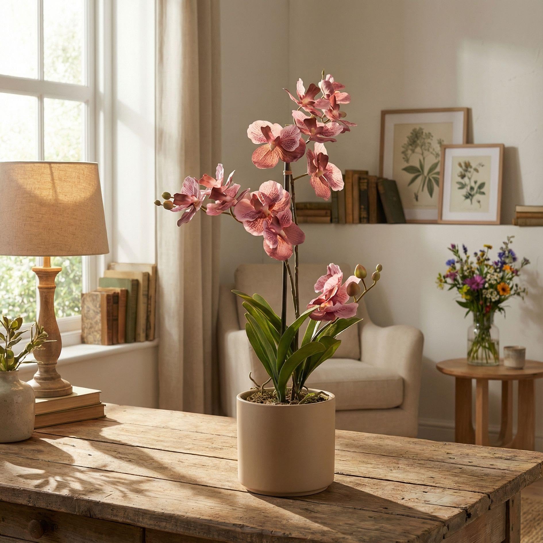 Orchidea Vanda sztuczna roślina – ok. 60 cm – brudny róż – sztuczna orchidea w doniczce – bez pielęgnacji roślina dekoracyjna do salonu, biura i recepcji