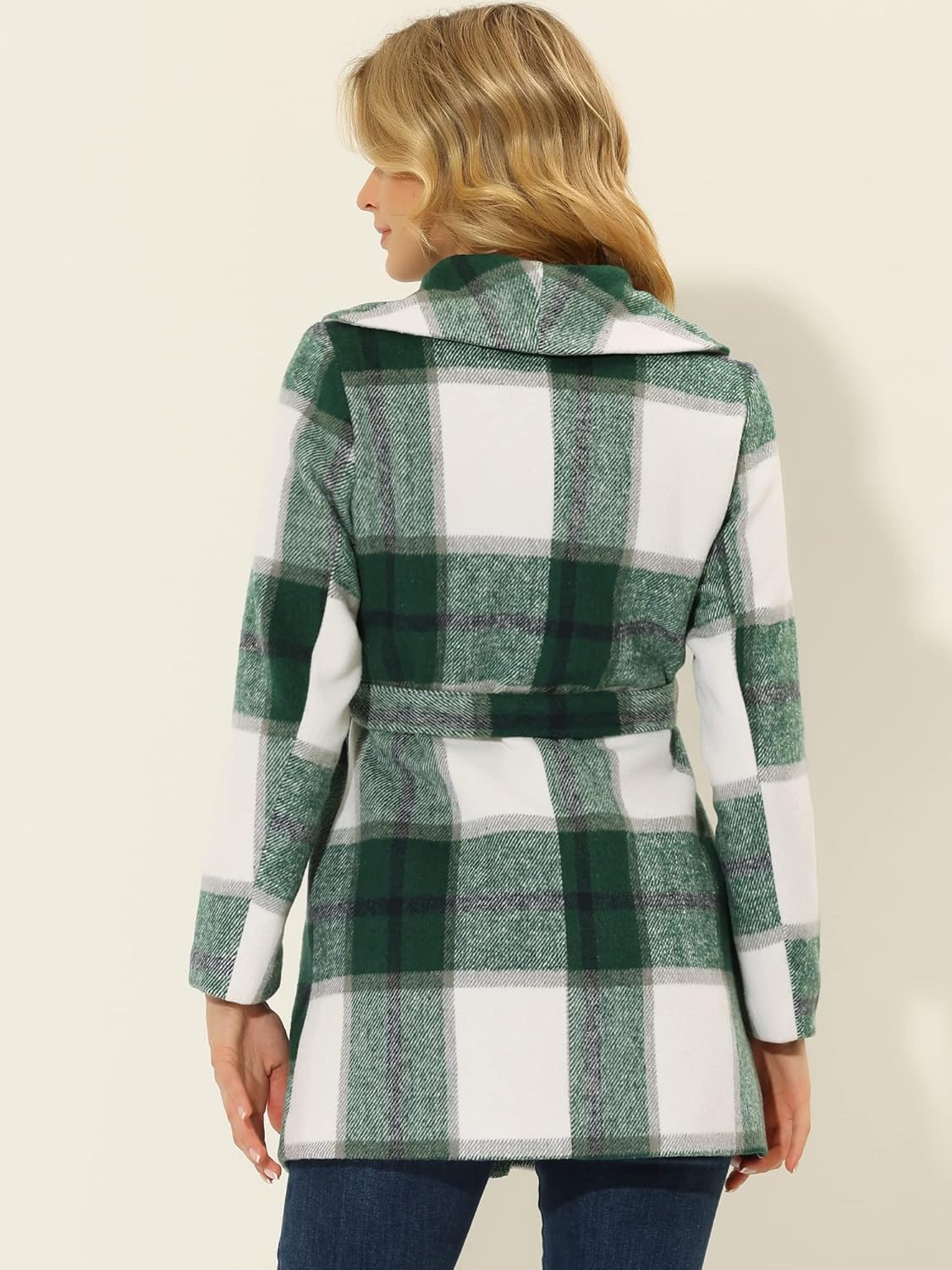 Allegra K Women's Plaid Belted Shawl Collar Tie Waist Wrap Overcoat Fall Winter Coat
