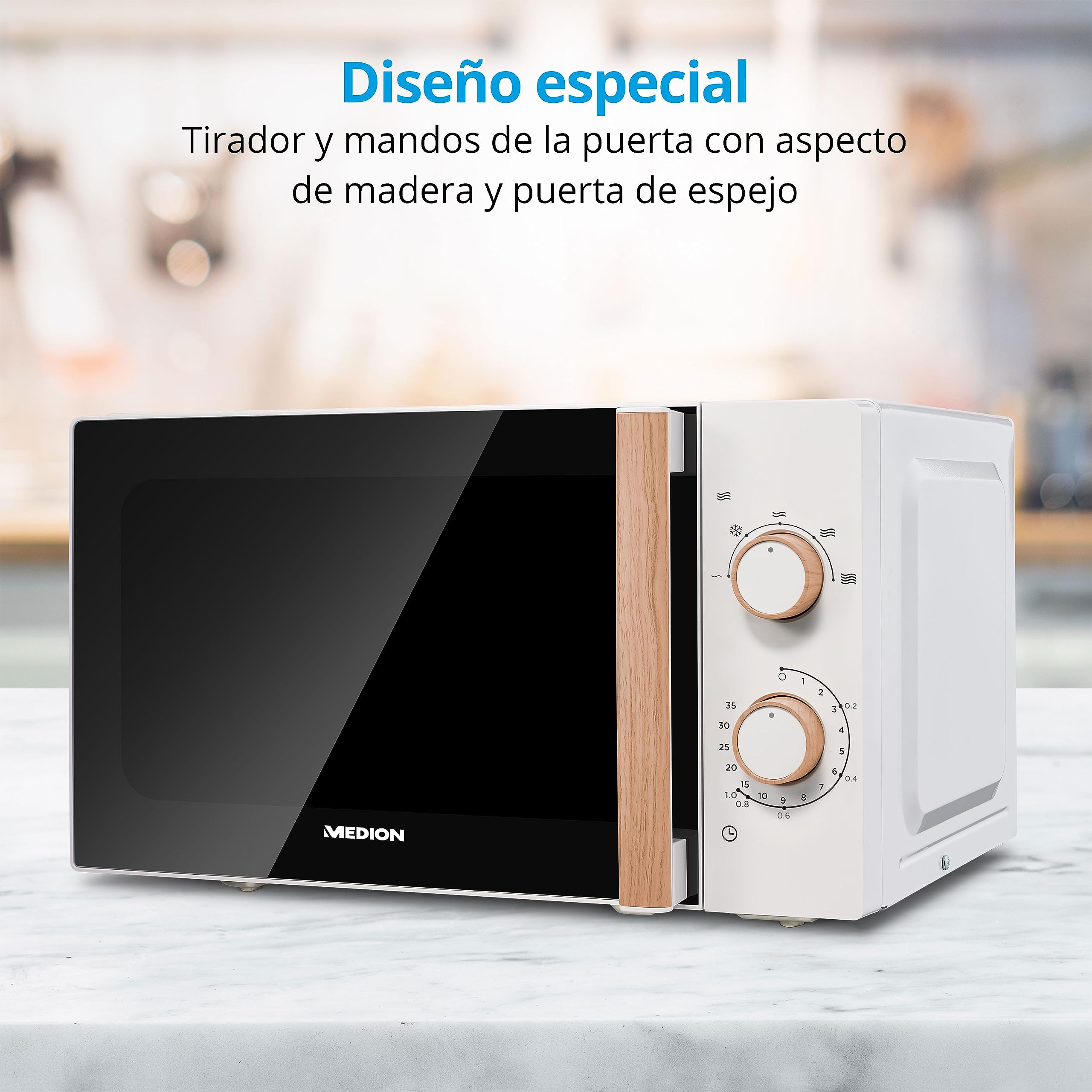 MEDION Microondas (20 L, 700 W, 5 niveles de potencia, modo descongelación, temporizador, aspecto de madera, puerta con espejo, MD10596) blanco