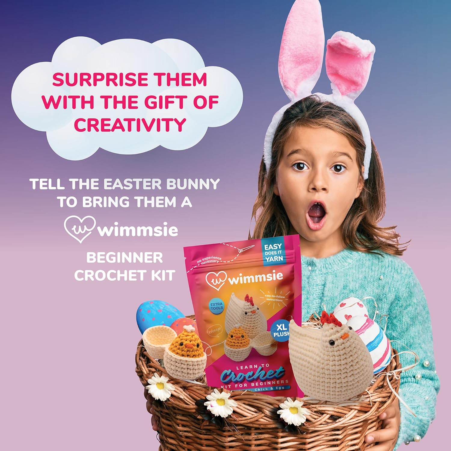 Wimmsie Crochet Animal Kit for Beginners - Easy Beginner Crochet Kit for Kids - Amigurumi Chicken Chick & Egg - 3 Kawaii Stuffed Animals - Cute DIY Yarn Plush