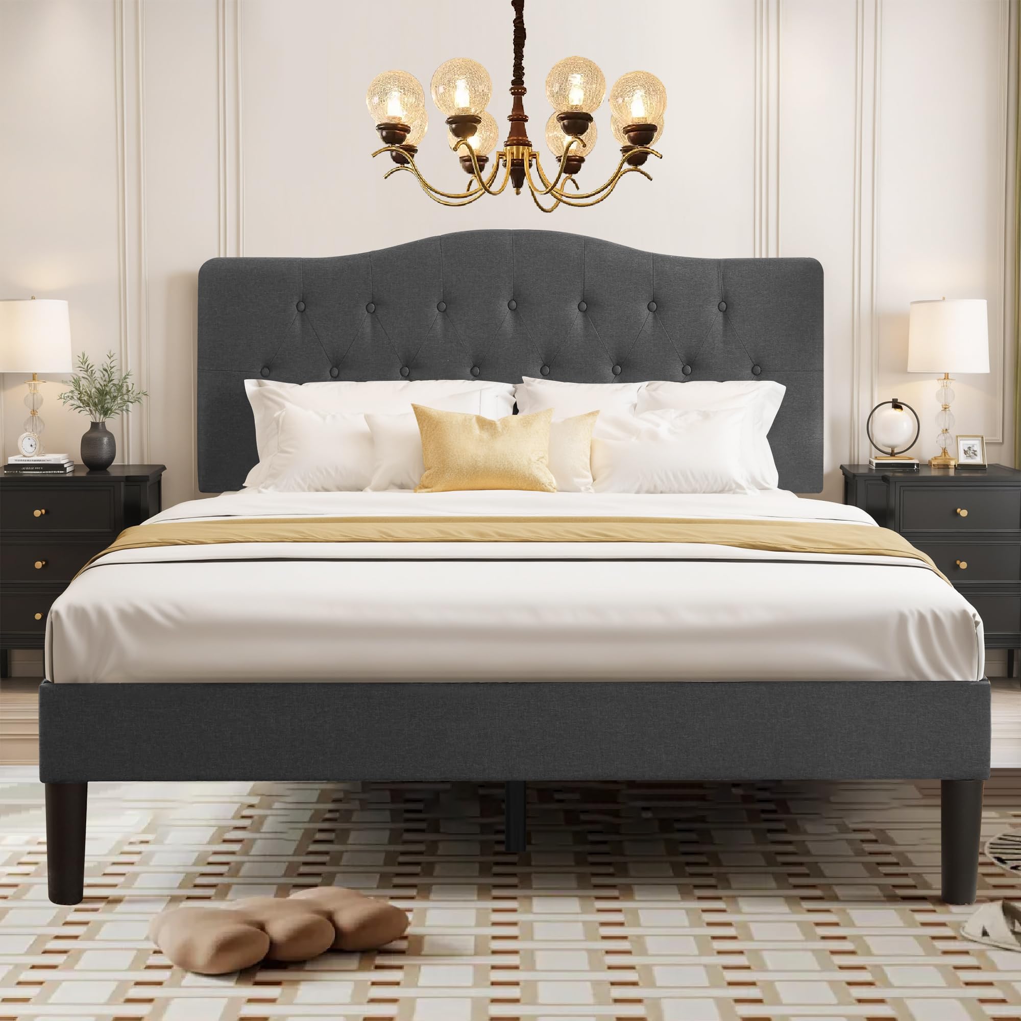 VECELO Queen Size Platform Bed Frame with Fabric Upholstered Headboard and Wooden Slats Support, No Box Spring Needed/Easy Assembly,Grey