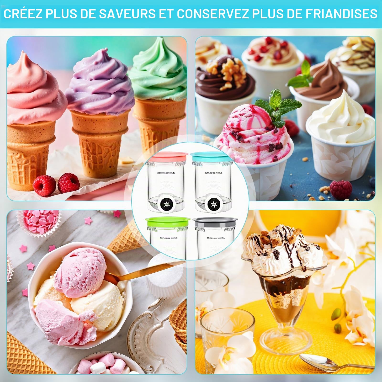 Pot pour Ninja Swirl by Creami,avec Couvercles Étanches,4 Pièces 480ml pot ninja creamy swirl,po-t ninj-a creamy deluxe,pour Ninj-a Creami NC701EU NC700,Bacs à Crème Glacée,Sans BPA, Lave-Vaisselle