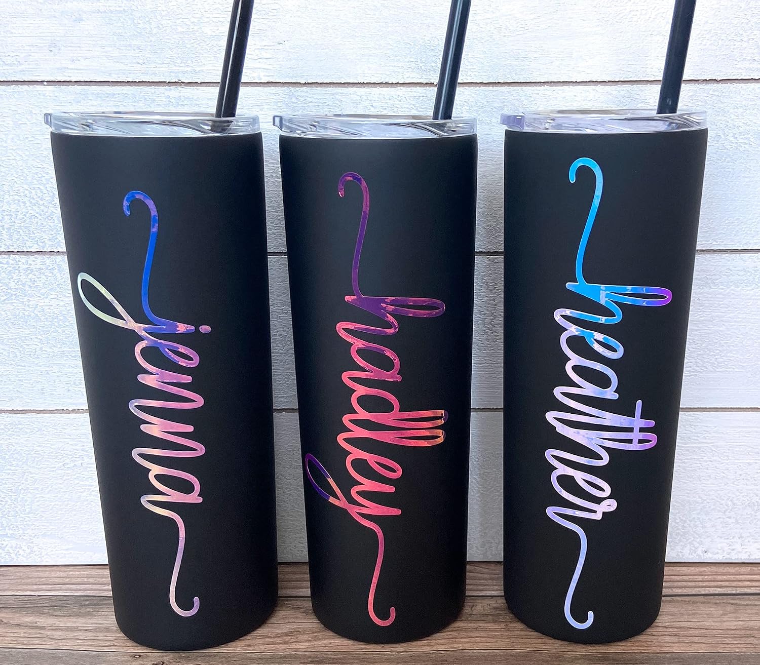 20 oz Stainless Steel Skinny Tumbler with Personalized Swirl Name Decal in Opal or Chrome Vinyl by Avito - Includes Straw and Lid - Bridesmaid, Bachelorette, Bridal Party Gifts, Mother's Day Gift