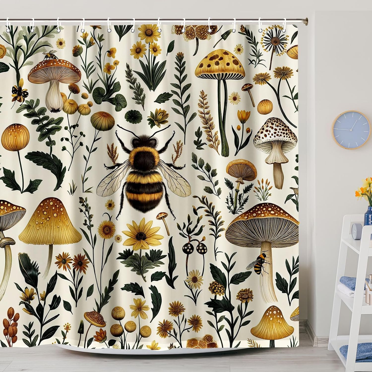 Rustic Boho Mushroom Shower Curtain, Vintage Chic Bee Mushroom Botanical Floral Farmhouse Cottagecore Aesthetic Shower Curtain Set with Hook, Fairy Witchy Plant Shower Curtain for Bathroom 72X72 Beige