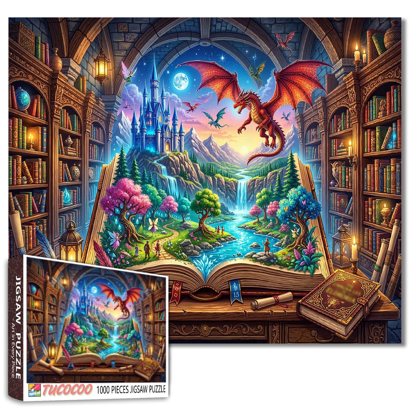 Magical Library Dragon Jigsaw Puzzle 1000 Piece Puzzles for Adults and Beginner Open Book World Puzzles Challenging Family Activity Games Colorful DIY Craft for Home Decor Gifts 20ร27 Inches โ image 1
