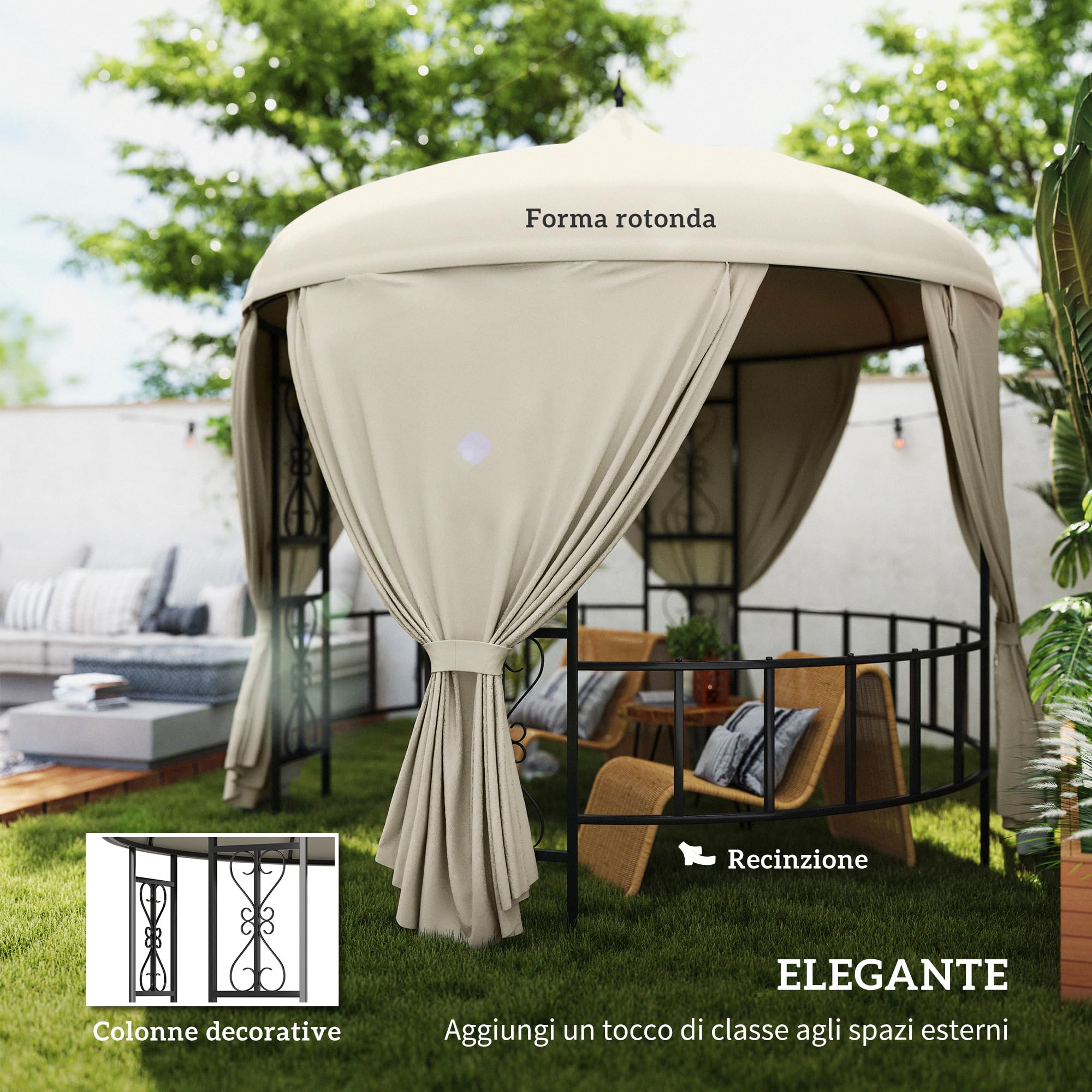 Outsunny Gazebo da Giardino Rotondo Ø3m con Tende e Prese d'Aria Beige | Gazebo da Esterno, in Metallo e Poliestere