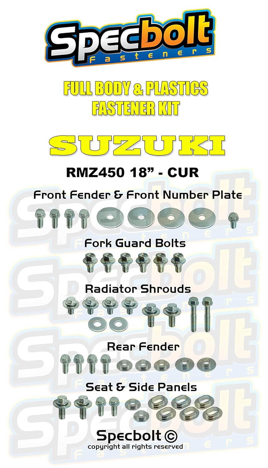 Specbolt Full Plastics Body Fastener Bolt Kit RMZ Fits: Suzuki RMZ450 (2018 to Current) #1820 OEM Matching Hardware Fenders Fork Guard Seat Shrouds Bushings Complete