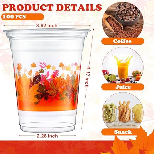 Miniatura 2 de Rtteri 100 vasos de plástico para fiesta de otoño de 12 onzas, vasos desechables de otoño, elegantes tazas de hoja de arce para cena, bebidas,