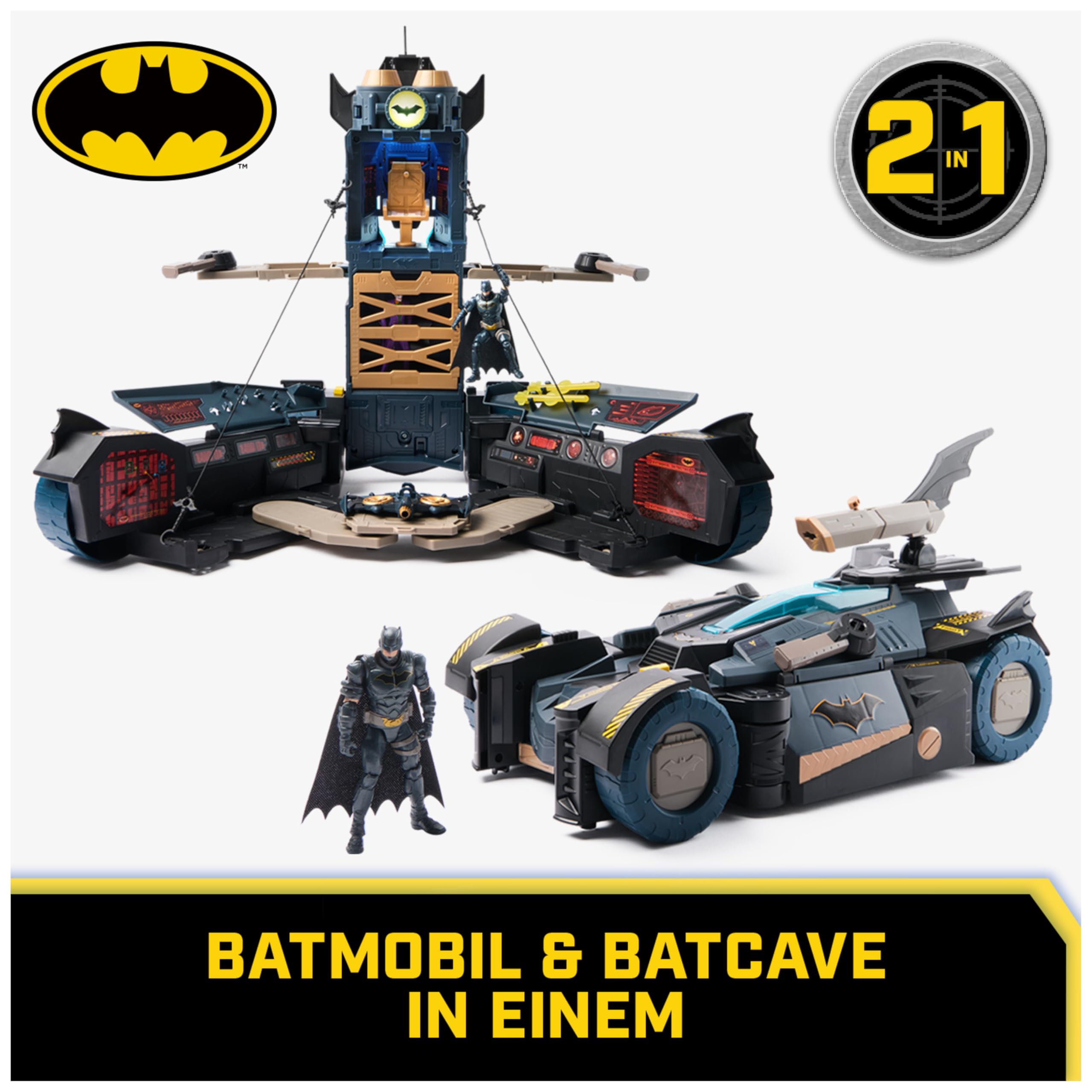 DC Comics - Ultimate Transforming Batmobile mit Batmanfigur (10cm), 1 Pfeil-Katapult, Lichteffekten, Soundeffekten, per Knopfdruck zur Batcave transformierbar. Ab 4 Jahren
