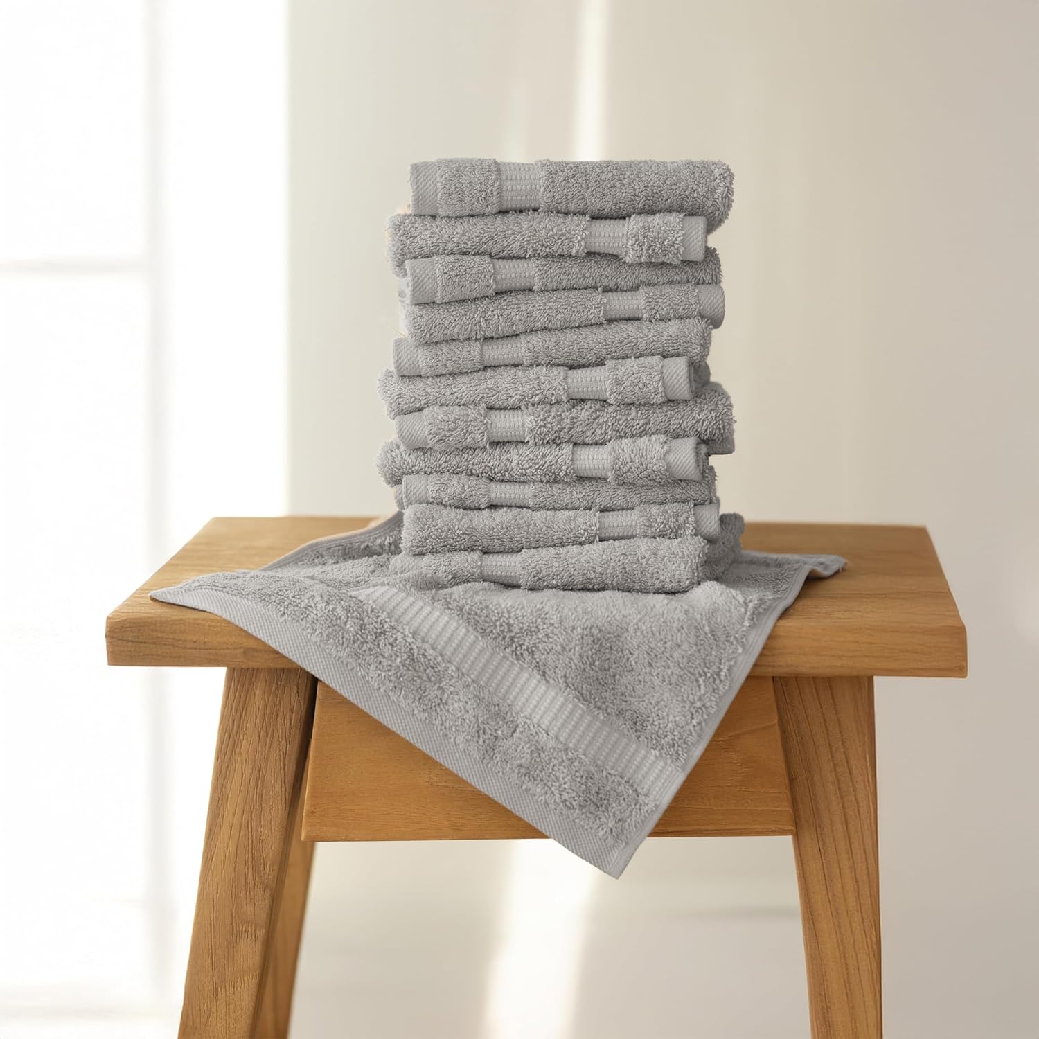 SALBAKOS 100% Turkish Cotton Washcloth Set of 12, 13x13 inch | Premium Quality | Hotel & Spa Collection | Ultra Soft, Super Absorbent, Wash Cloth Towels | Made in Turkey (Silver 12 Pcs Washcloth)