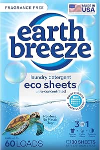 Earth Breeze Laundry Detergent Sheets Fragrance-Free - 60 Loads Eco Liquidless Soap - Travel-Friendly for Hot &amp; Cold Cycles, Tackles Tough Stains &amp; Odors - Gentle on Sensitive Skin, 30 Ct