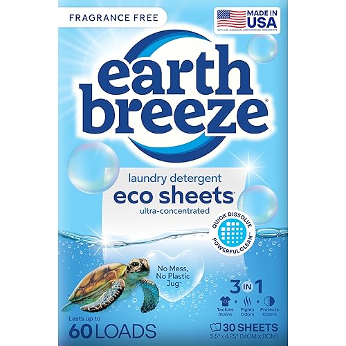 Earth Breeze Laundry Detergent Sheets Fragrance-Free - 60 Loads Eco Liquidless Soap - Travel-Friendly for Hot & Cold Cycles, Tackles Tough Stains & Odors - Gentle on Sensitive Skin, 30 Ct