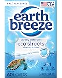 Earth Breeze Laundry Detergent Sheets Fragrance-Free - 60 Loads Eco Liquidless Soap - Travel-Friendly for Hot & Cold Cycles, Tackles Tough Stains & Odors - Gentle on Sensitive Skin, 30 Ct