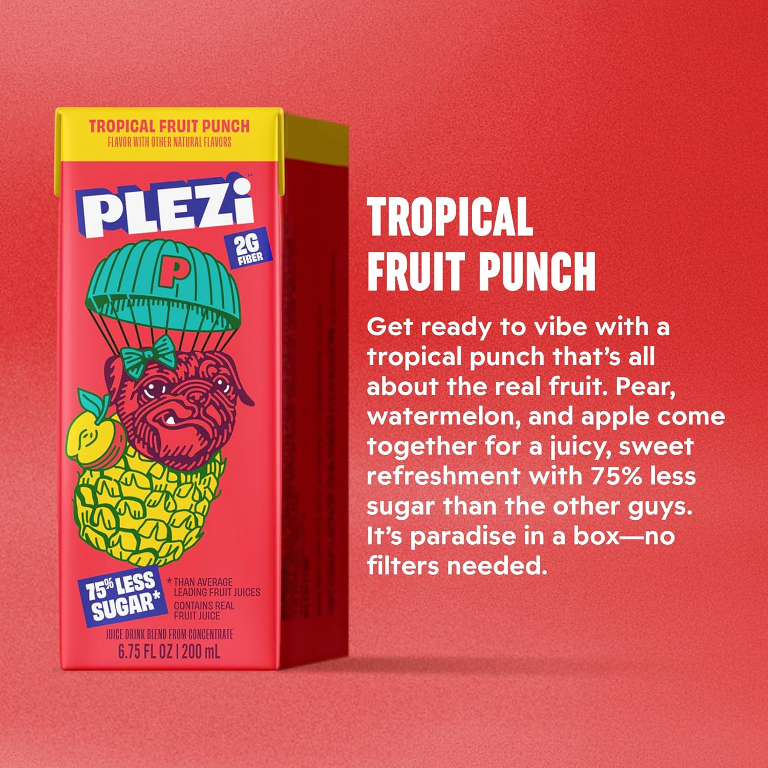 PLEZi Fruit Juice Boxes For Kids, Tropical Fruit Punch – Low Sugar Drinks with Dietary Fiber, Healthy Vitamin C, and Potassium Electrolytes – 6.75 Fl Oz (Pack of 32)