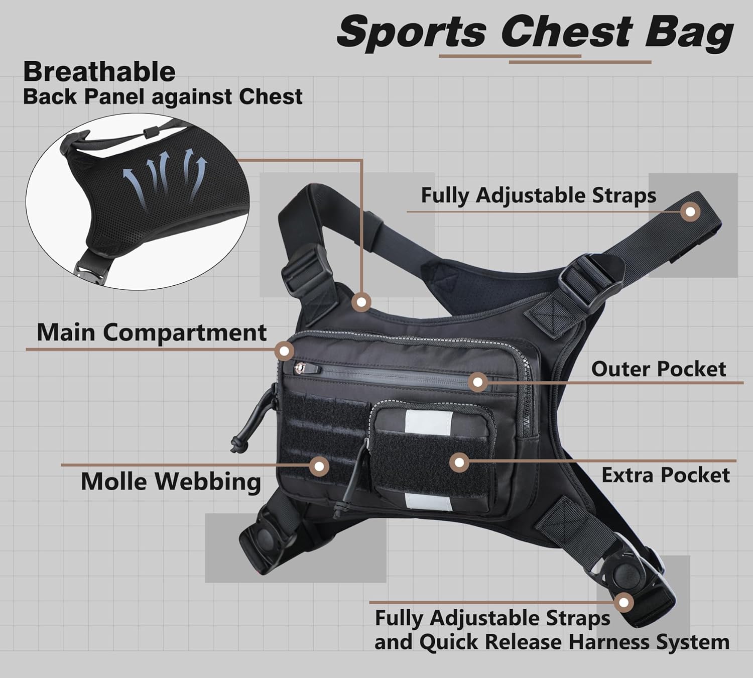Chest Bag with Gun Holster fits Most Pistols, Tactical Chest Rig Vest, Running Chest Pack EDC for Men Women Sports - Image 8