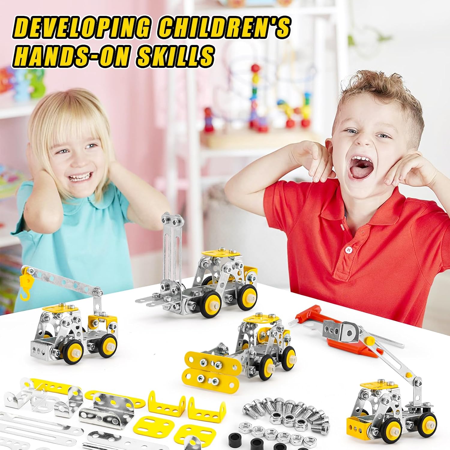 BESTYMXY Stem Building Toys, Metal Engineering Vehicles Model kit, 330 PCS Building Sets for Boys Age 8-12, 4 Models Construction Vehicles Learning Toy Metal Models