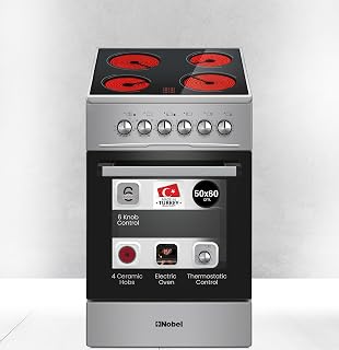 50×60cm Electric Cooking Range, 4-Zone Ceramic Hob, 58L Oven Capacity, 9 Power Levels, Thermostat Control, Turbo Fan, Double Glass Door, Adjustable Legs - NGC5060VT