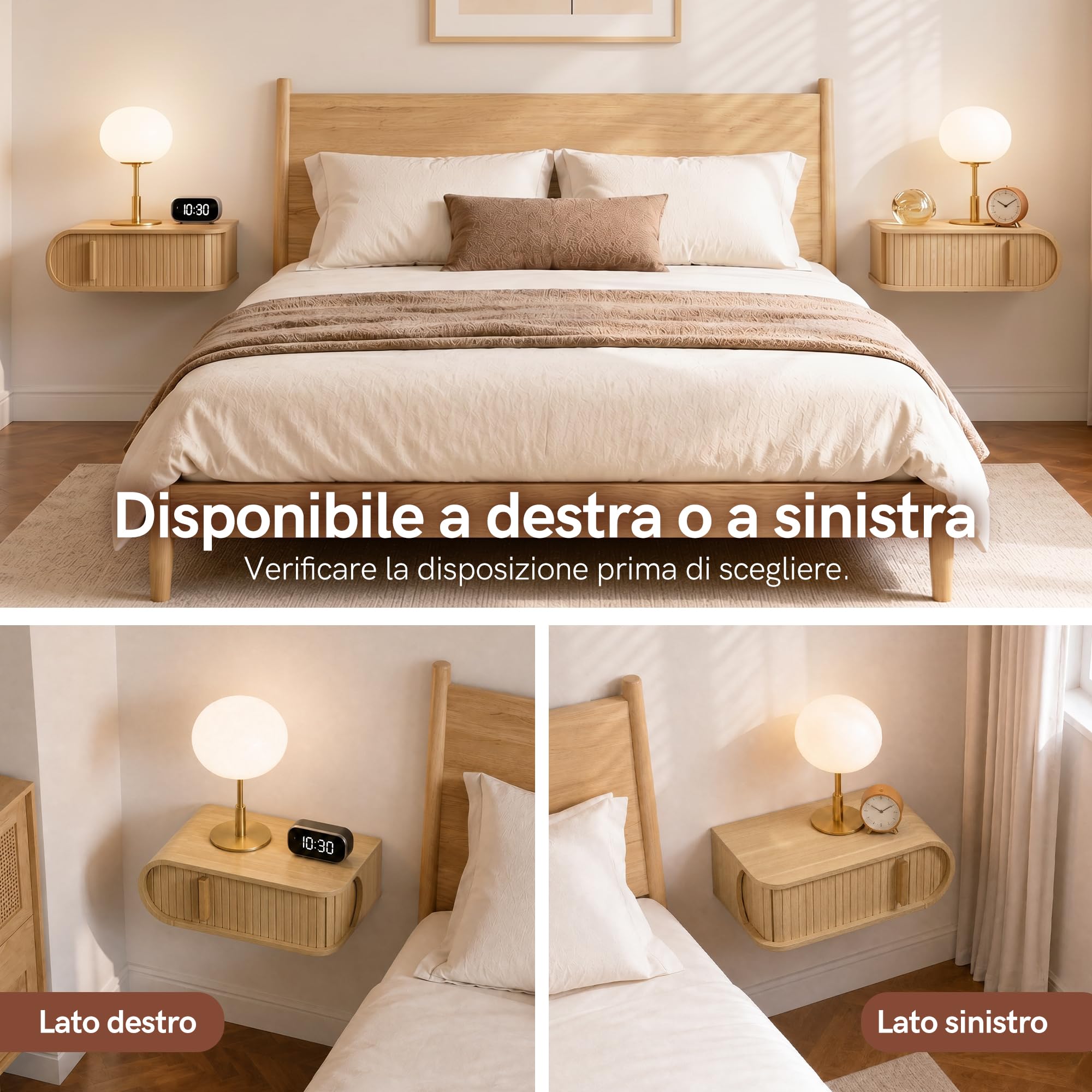 Afuly Comodino Sospeso Effetto Rovere Anta a Serrandina Forma D Sinistra | in legno, salvaspazio, vano nascosto, angoli arrotondati, 25 x 45 x 16 cm, portata fino a 20 kg, stile scandinavo naturale