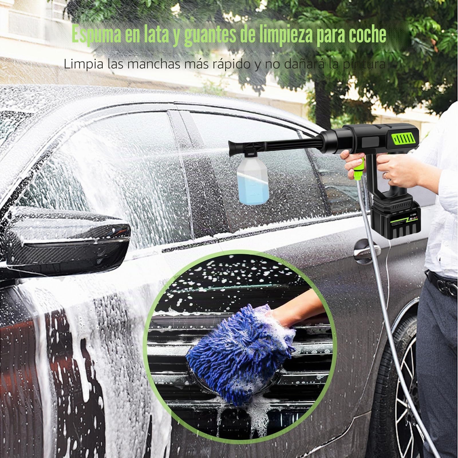 120 bar, 1000 W, limpiador de alta presión inalámbrico portátil, boquilla 6 en 1, limpiador de alta presión, batería de 15000 mAh, manguera de 5 m, para coche, jardín, barco, callejón, exterior (2