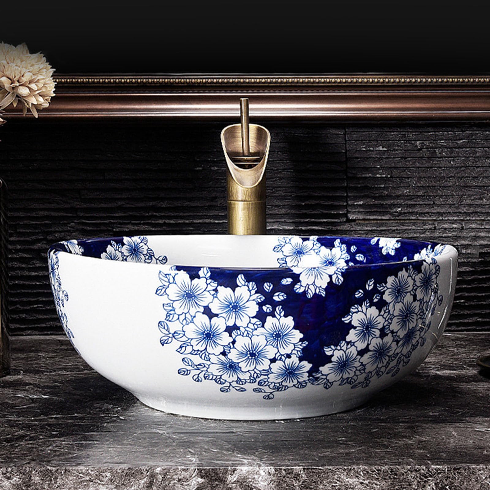 Okrągła ceramiczna umywalka nablatowa z porcelany do baru i małej łazienki - Nowoczesna umywalka łazienkowa w stylu vintage