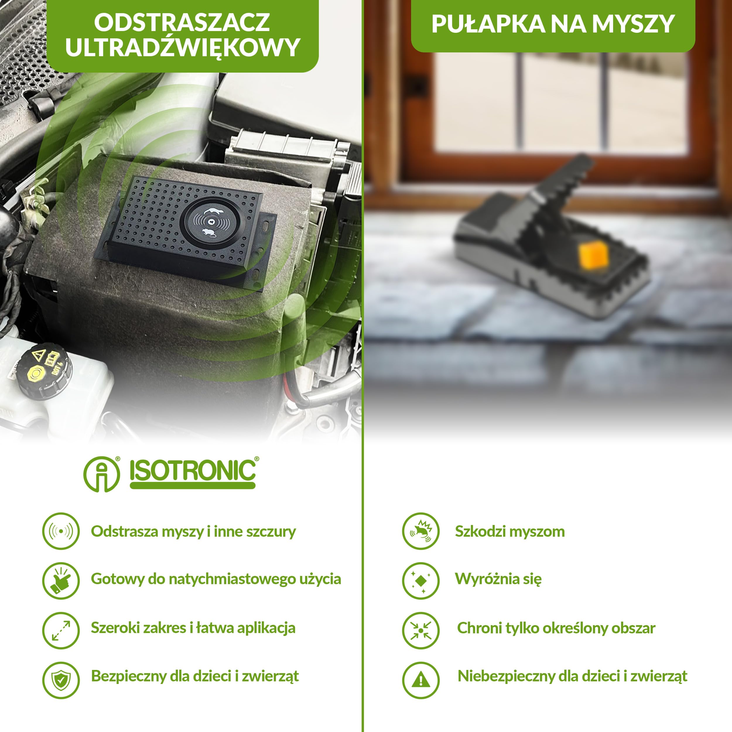 ISOTRONIC Bateryjny odstraszacz kun, myszy i szczurów – Ultradźwięki i światło LED – Do samochodu, domu, garażu i na strych – Ochrona przed popielicami (3 sztuki)