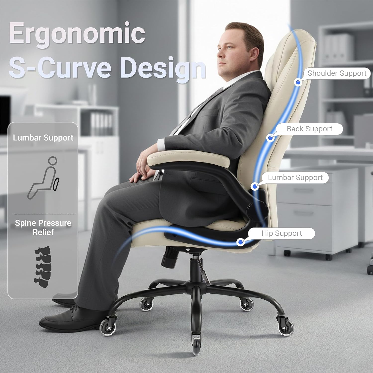 Big and Tall Office Chair for Heavy People, 400LBS High Back Extra Wide Executive PU Leather Office Chair with Flip-Up Armrests, Quiet Rubber Wheels, Comfortable Home Office Desk Chair (White) thumbnail