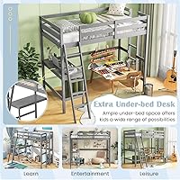 Vista 9 de Giantex Cama tipo loft de tamaño individual con escritorio, cama alta de madera maciza con 2 escaleras y barandilla de longitud completa, marco