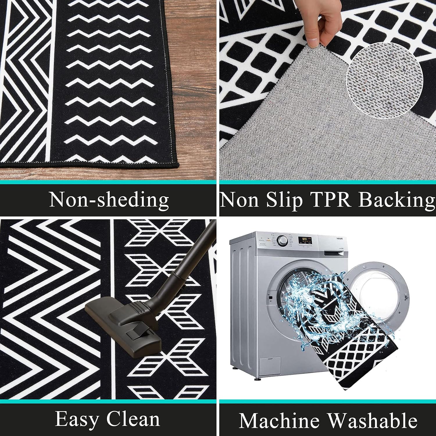 HiiARug Boho Runner Rug 2x6Ft Washable Throw Rugs Geometric Entryway Rug Boho Decor for Living Room Kitchen Laundry Bedroom Hallway, Black & White