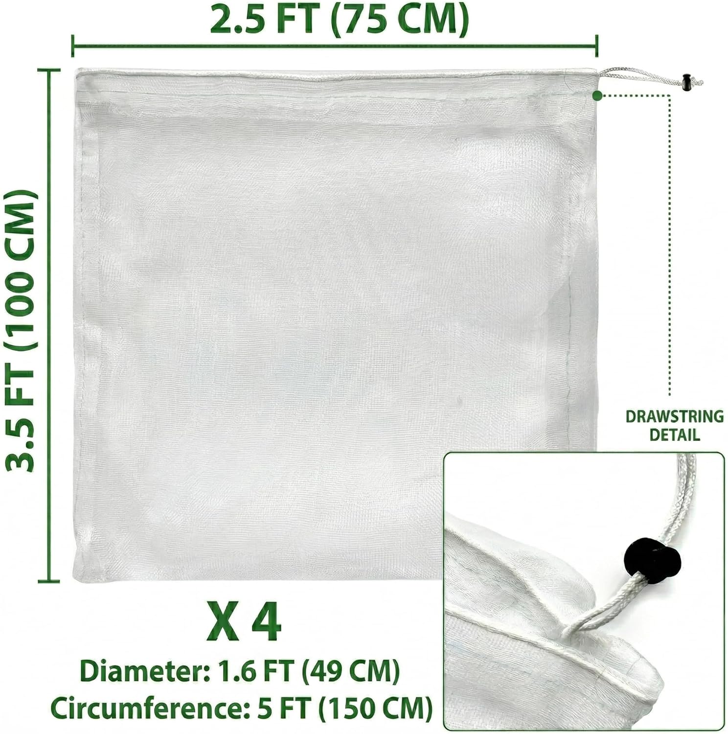 Fruit Tree Protection Bags 2.5x3.5 FT in 4 Pack | Multiple Size Garden Netting for Fruit & Vegetable Protection | White Plant Net Cover for Blueberry & Tomato | Bird & Insect Mesh Fabric Protector