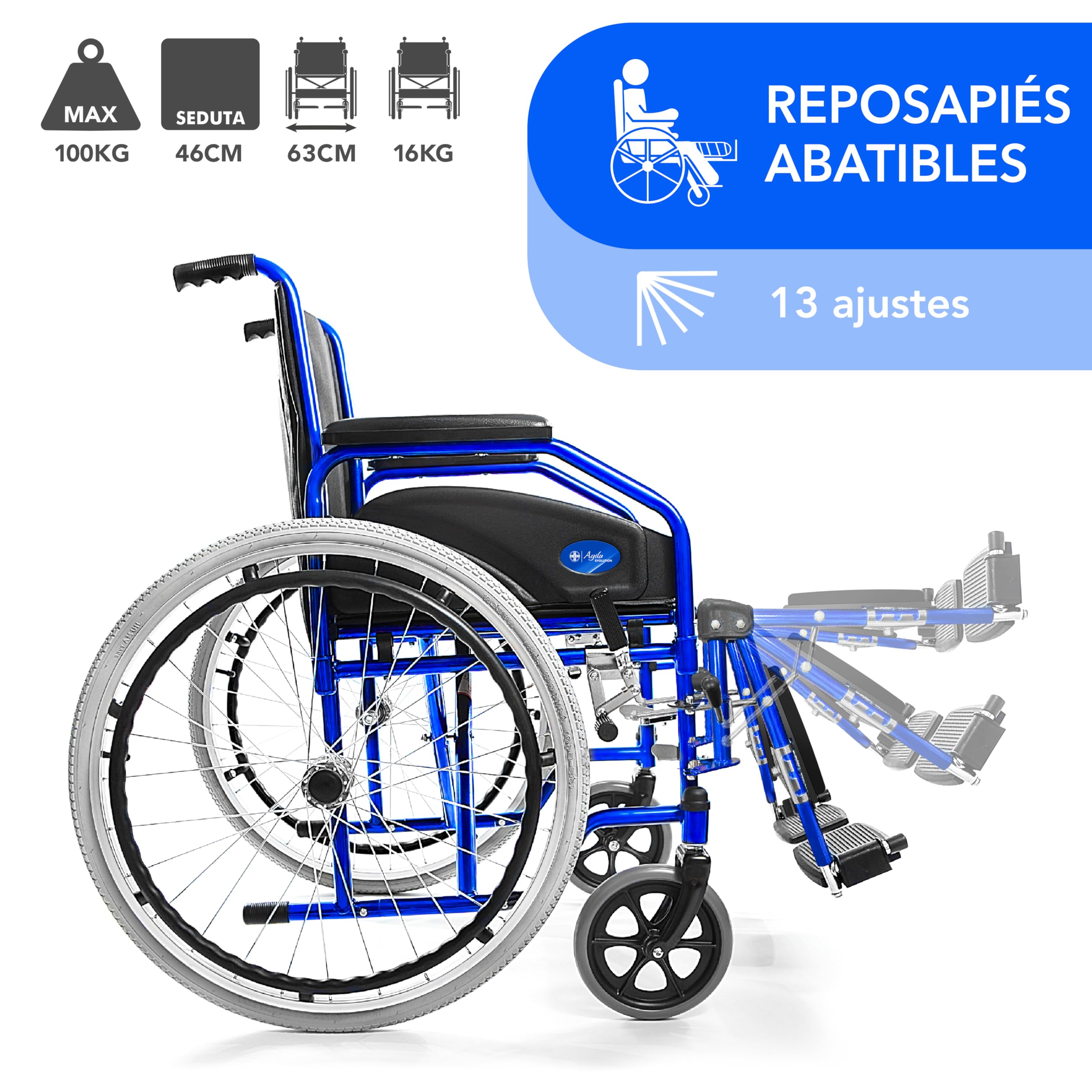 AIESI® Silla de Ruedas ligera plegable con reposapiés elevables ajustables AGILA EVOLUTION PLUS, Reposabrazos extraíbles, Cinturón de seguridad, Bomba de inflado, Garantía 24 meses