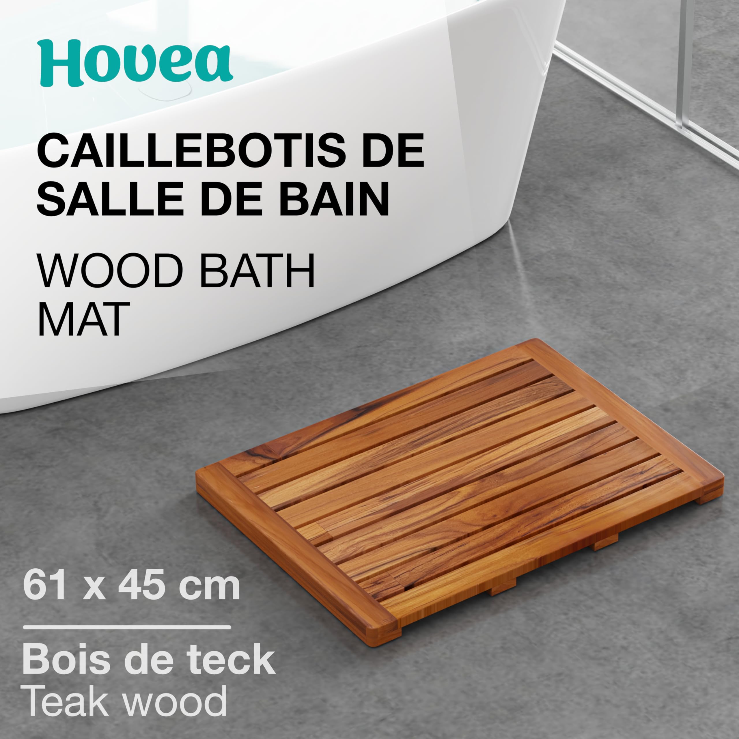 Caillebotis de Douche 61 x 45 cm - en Bois de Teck - Résistant à l’Humidité, Anti-Moisissures - Tapis de Salle de Bain Rectangulaire - Intérieur, Extérieur - Antidérapant - CB6145
