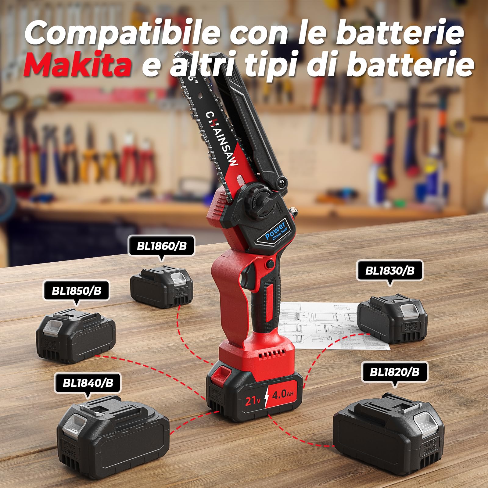 Blushless Mini Motosega a Batteria 6/8 Pollici, 1300W Mini Motosega Elettrica con 8000mAh Batterie, Sega a Batteria per Potatura, il Taglio Del Legno e Giardini, Elettrosega Compatibile con Makita 18V