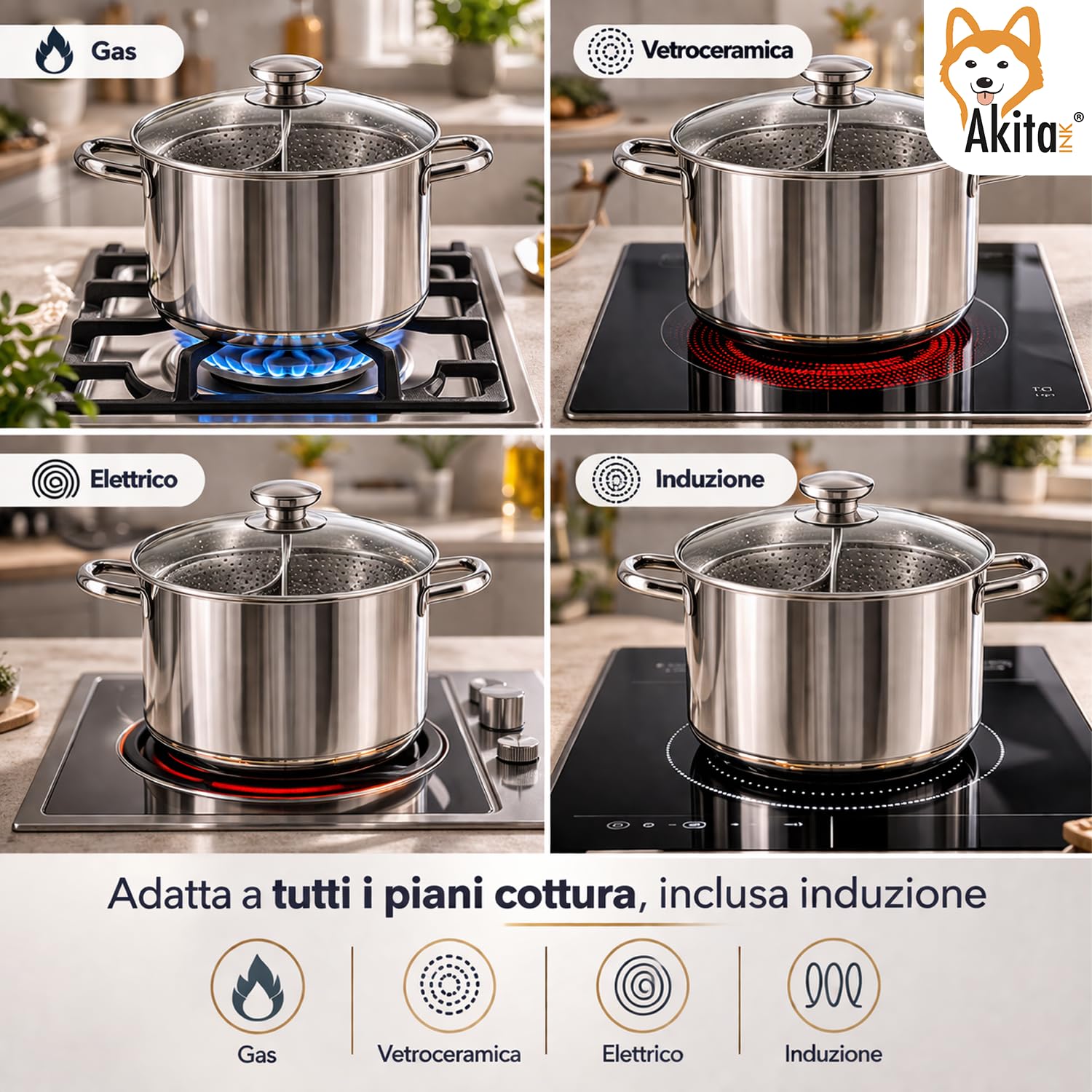 AKITAInk Bollipasta Duna 24 cm in Acciaio Inox con 2 Cestelli e Coperchio in Vetro Temperato, Pentola per Pasta con Scolapasta Integrato, Resistente e Pratica